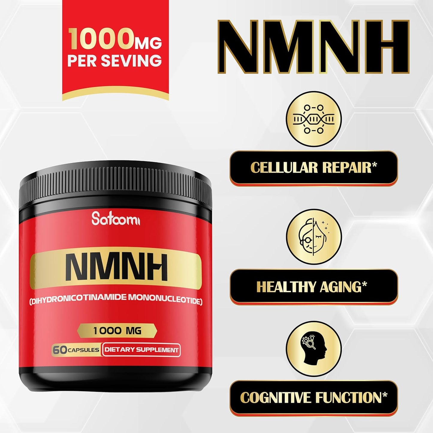 1000mg Satoomi NMNH Capsules - NAD+ Support Supplement - 60 Count - 30 Day Supply