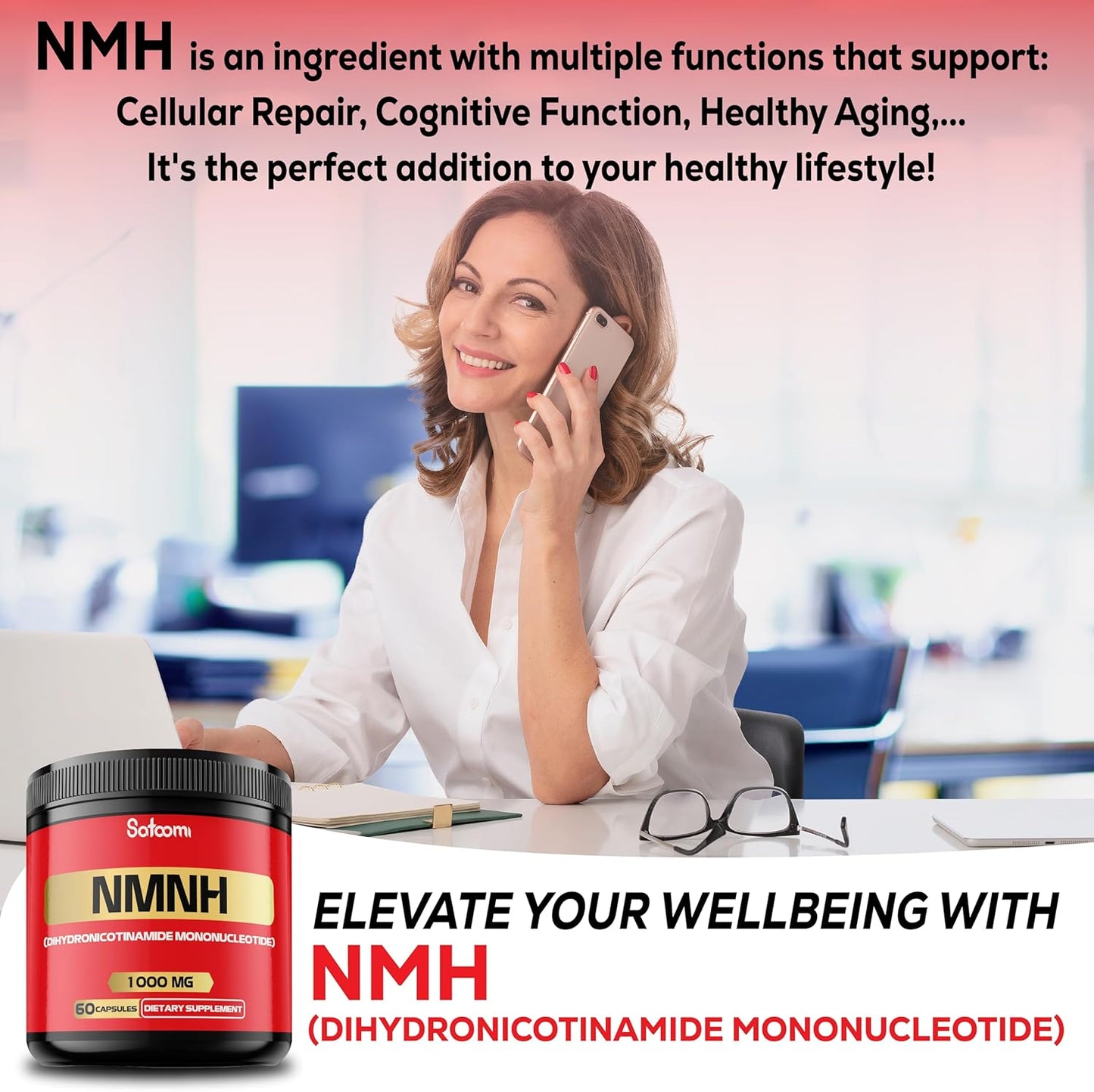 1000mg Satoomi NMNH Capsules - NAD+ Support Supplement - 60 Count - 30 Day Supply