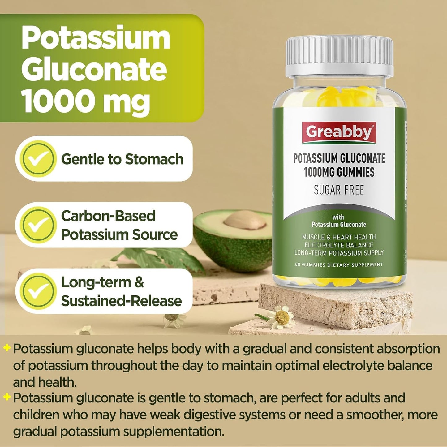 1000mg Sugar Free Potassium Gummies for Muscle Cramps & Heart Health - Vegan Supplement for Adults, 60 Gummies
