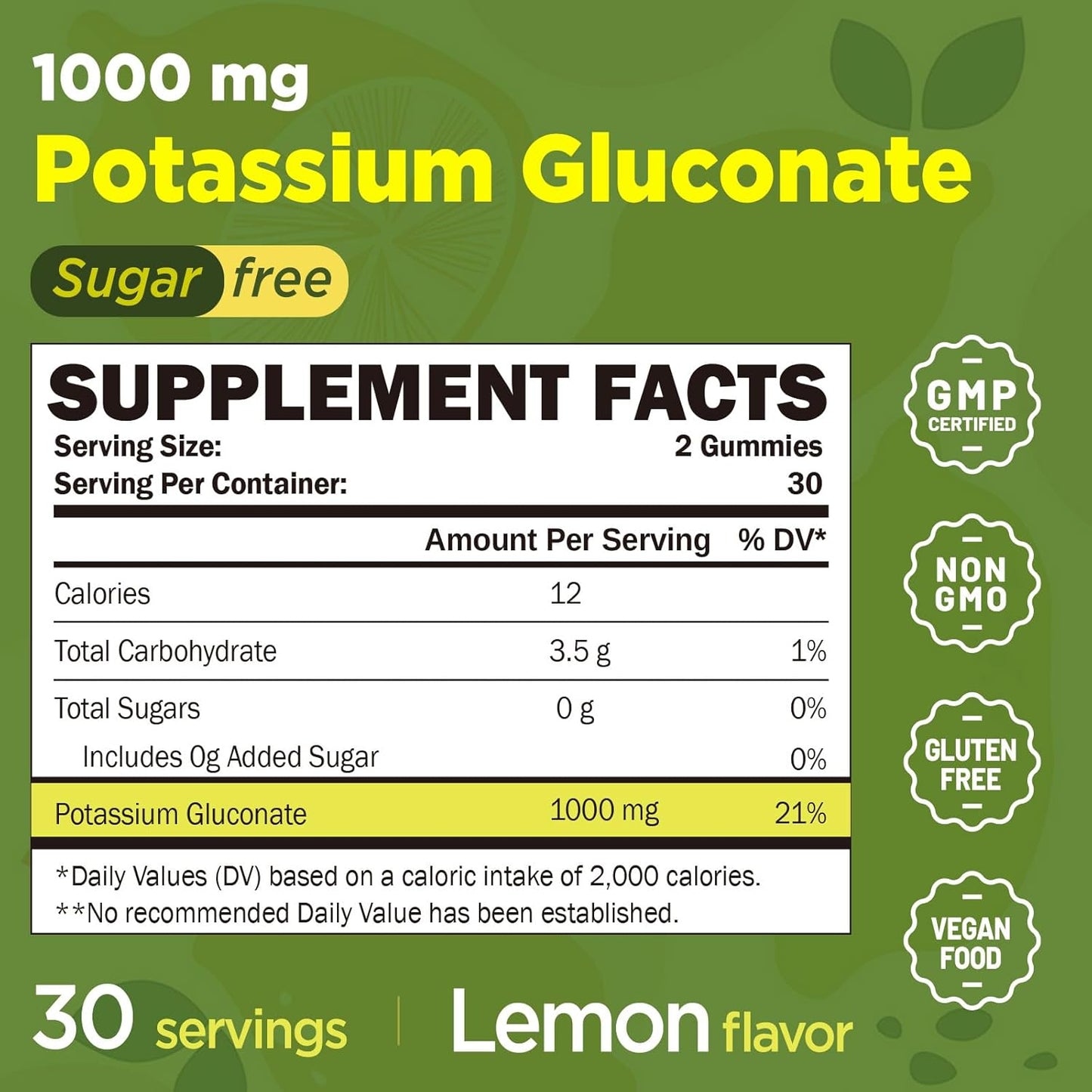 1000mg Sugar Free Potassium Gummies for Muscle Cramps & Heart Health - Vegan Supplement for Adults, 60 Gummies