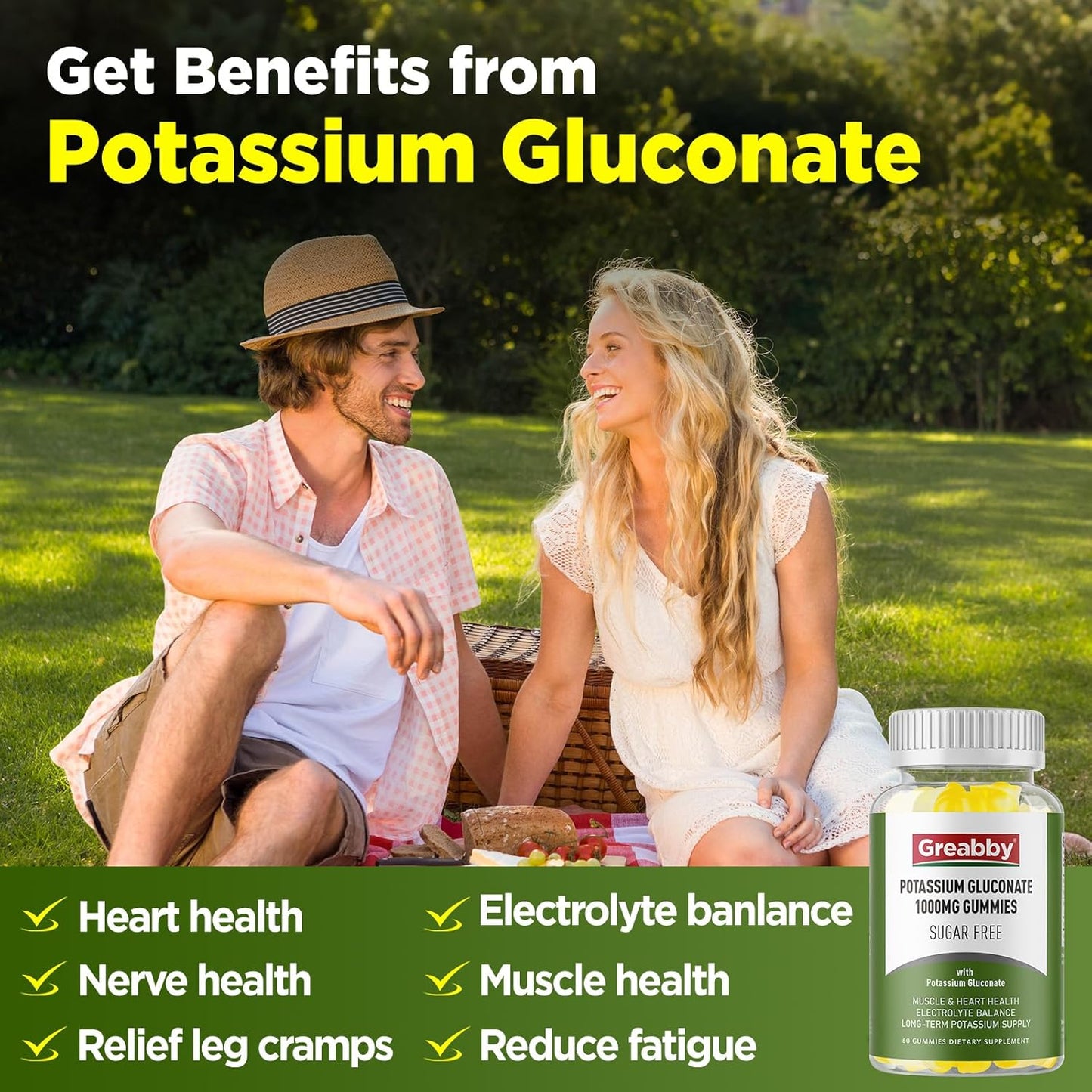 1000mg Sugar Free Potassium Gummies for Muscle Cramps & Heart Health - Vegan Supplement for Adults, 60 Gummies