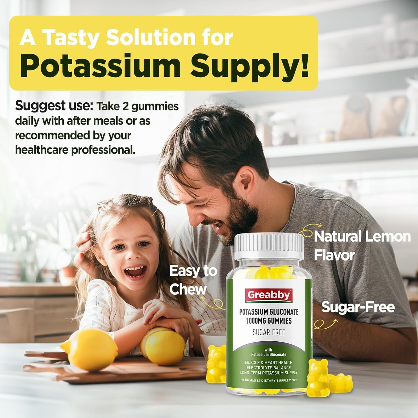 1000mg Sugar Free Potassium Gummies for Muscle Cramps & Heart Health - Vegan Supplement for Adults, 60 Gummies