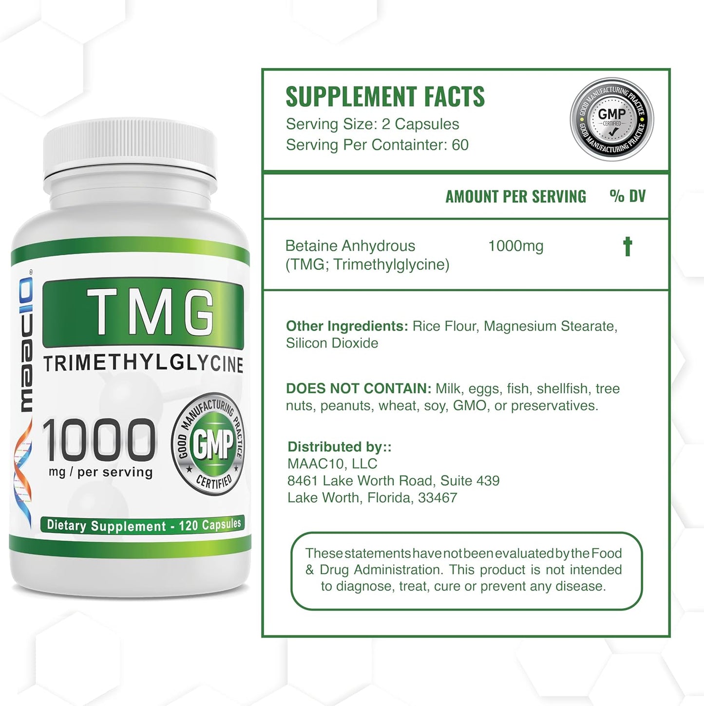 1000mg TMG Capsules for Methylation, Homocysteine & Liver Support | MAAC10 Betaine Anhydrous | 120 Count