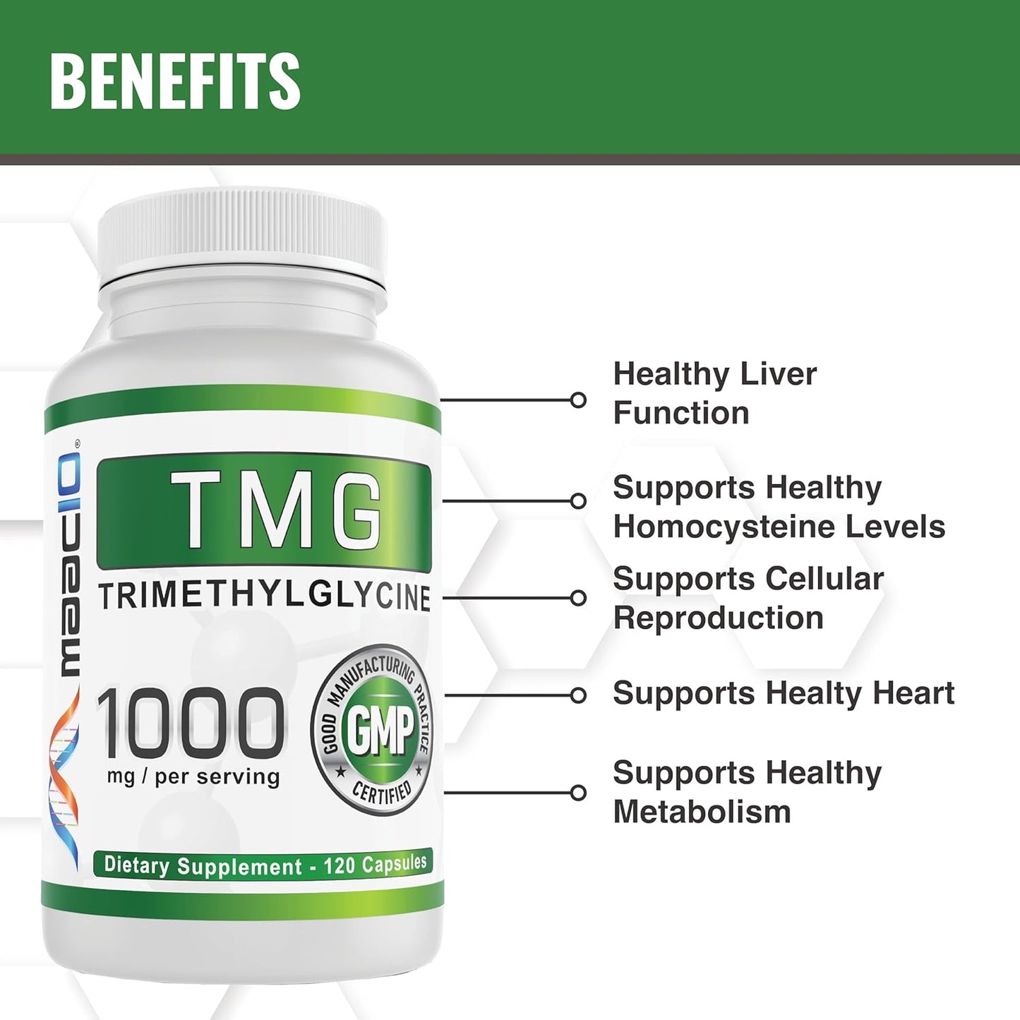 1000mg TMG Capsules for Methylation, Homocysteine & Liver Support | MAAC10 Betaine Anhydrous | 120 Count