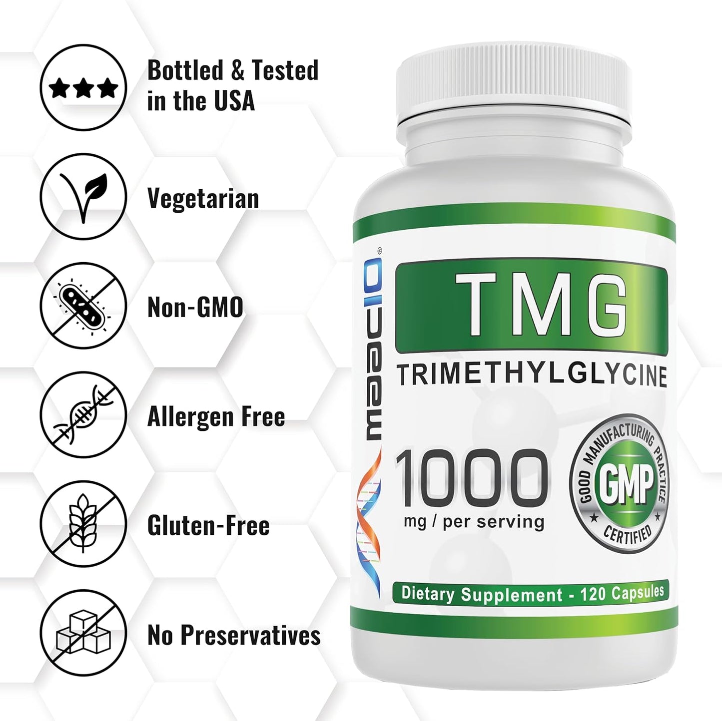 1000mg TMG Capsules for Methylation, Homocysteine & Liver Support | MAAC10 Betaine Anhydrous | 120 Count