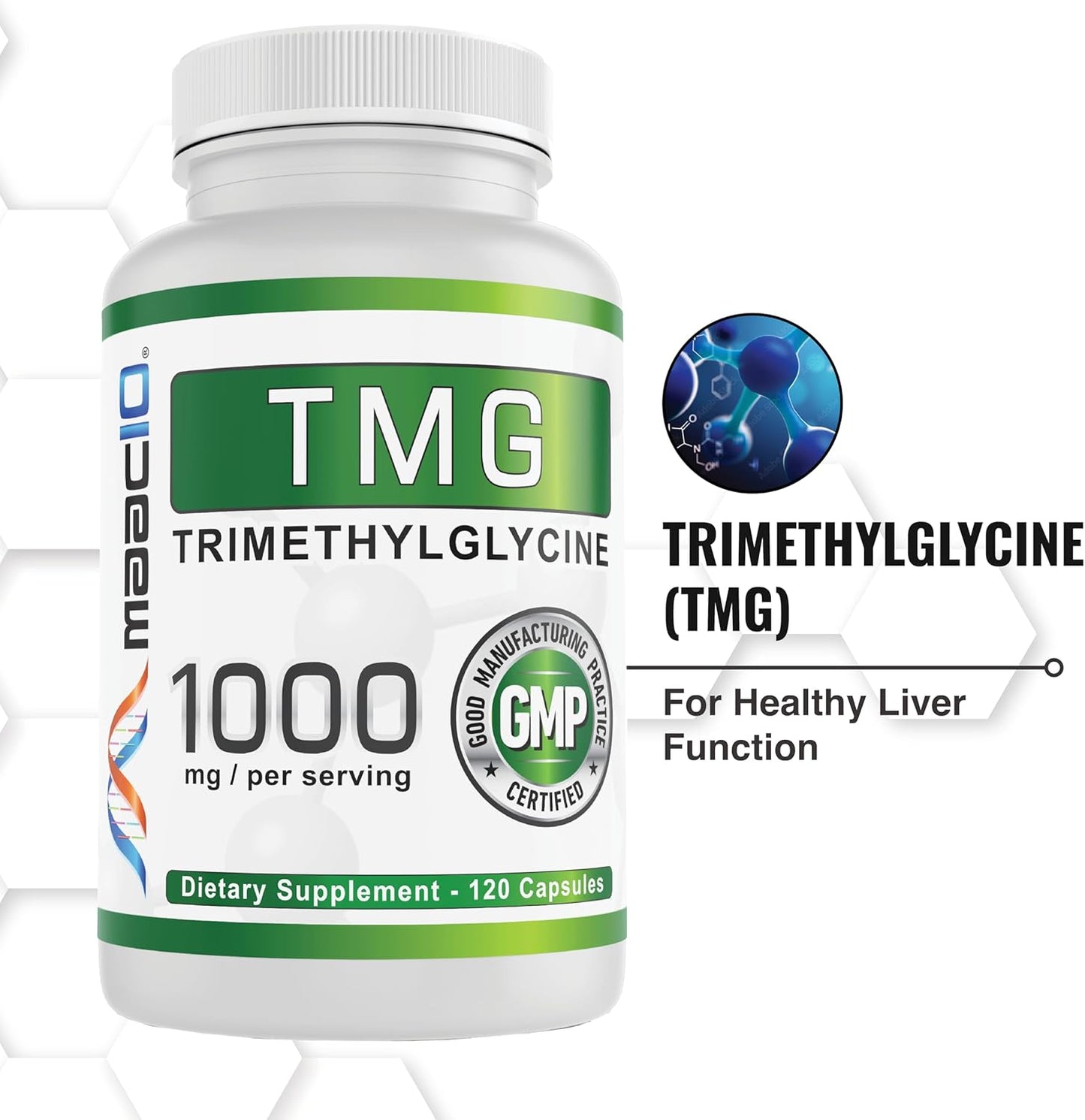 1000mg TMG Capsules for Methylation, Homocysteine & Liver Support | MAAC10 Betaine Anhydrous | 120 Count