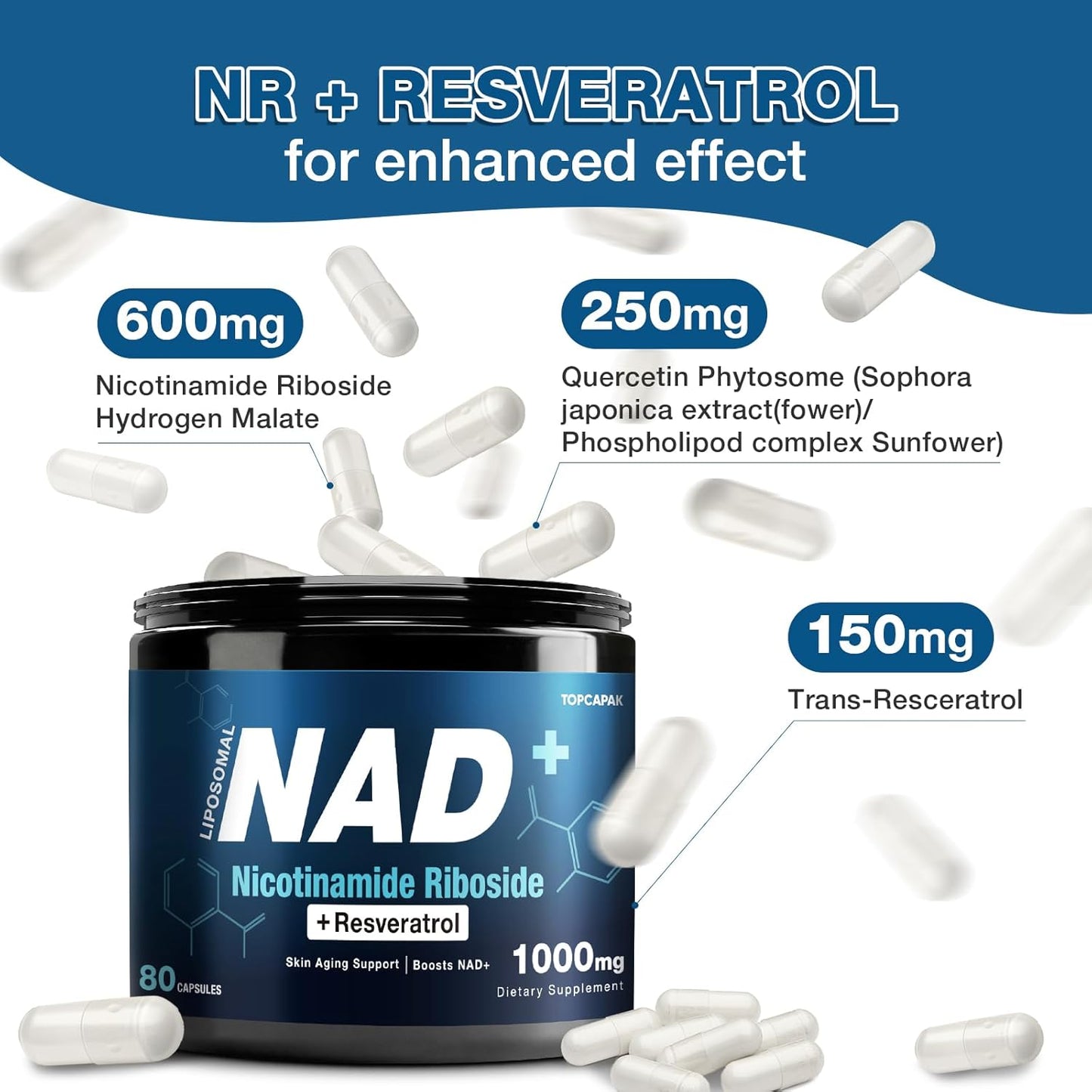 1000mg TOPCAPAK NAD+ Supplement with NR and Resveratrol for Healthy Aging and Cellular Energy - 80 Capsules for Men and Women