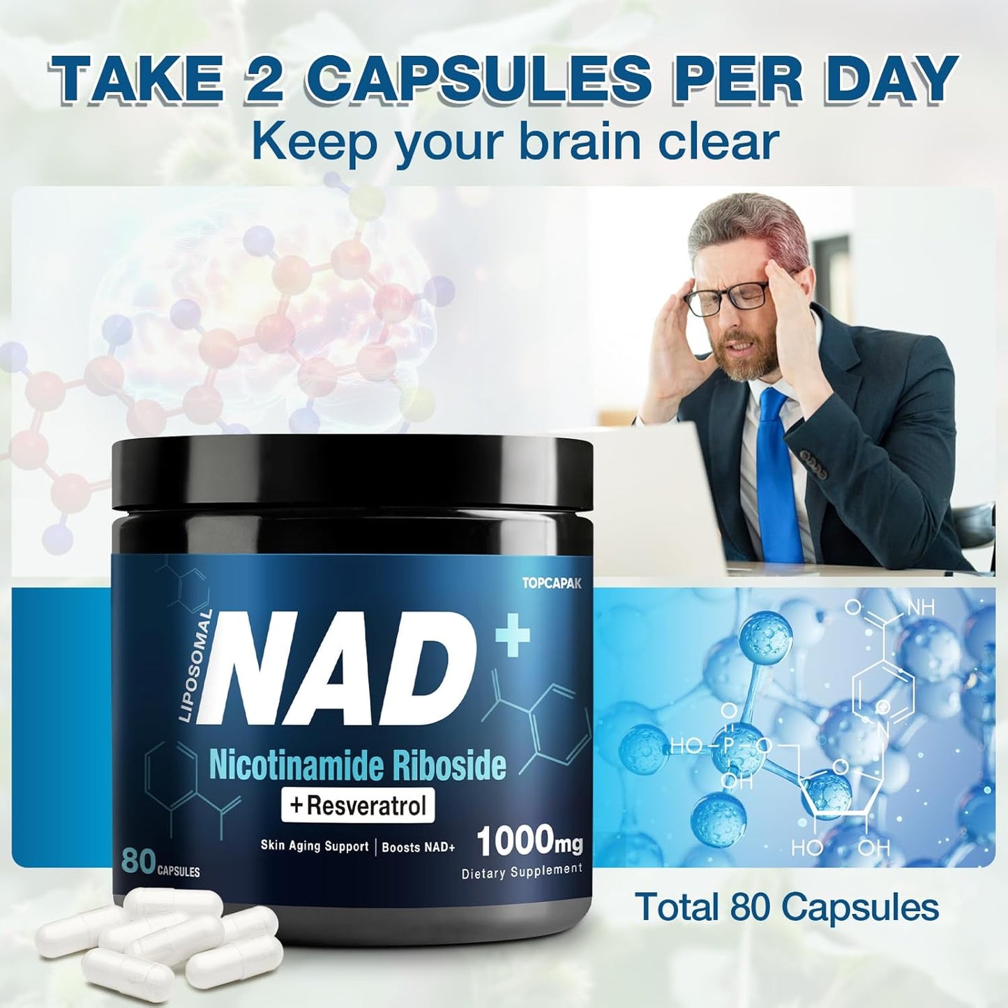 1000mg TOPCAPAK NAD+ Supplement with NR and Resveratrol for Healthy Aging and Cellular Energy - 80 Capsules for Men and Women