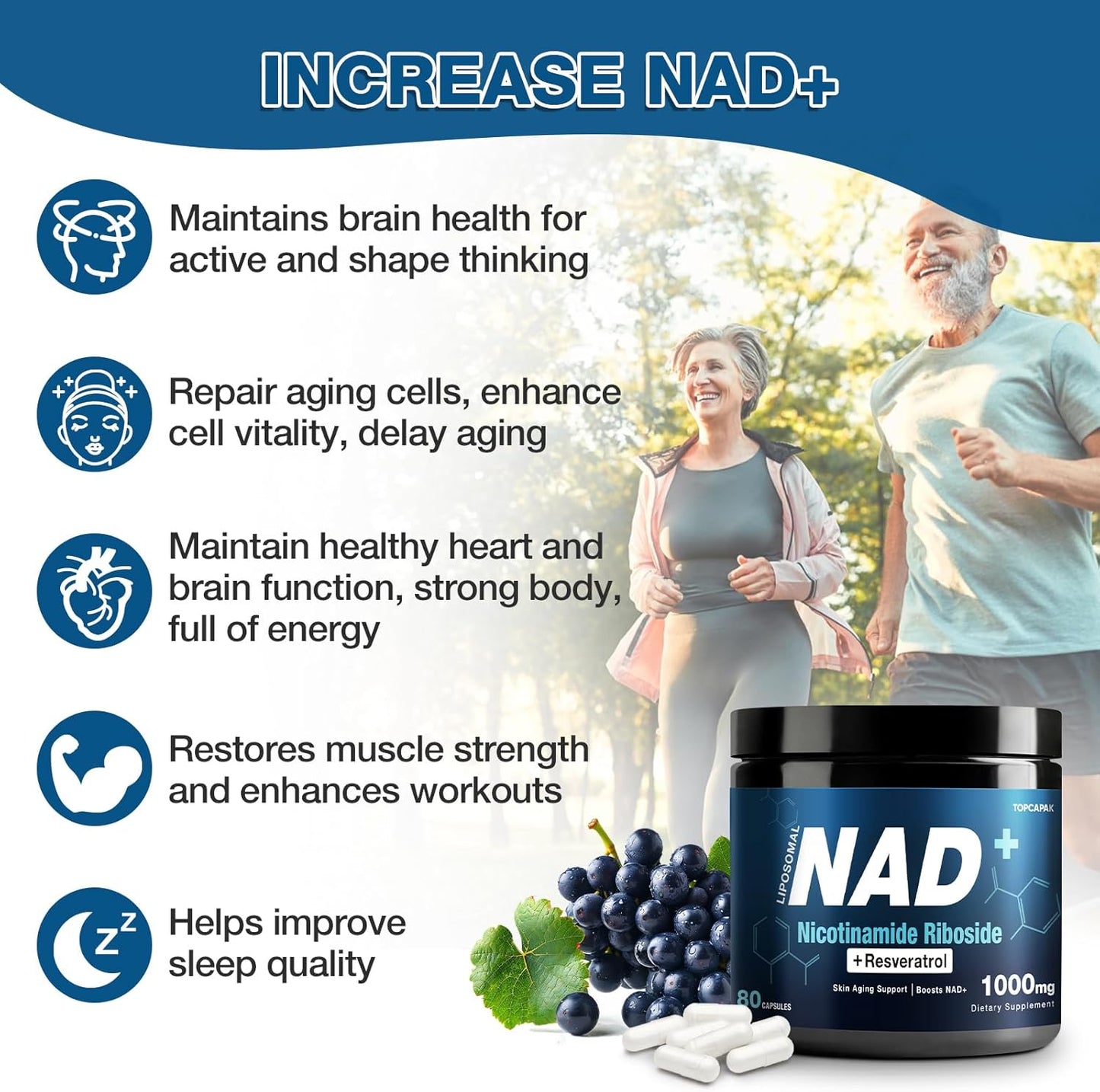 1000mg TOPCAPAK NAD+ Supplement with NR and Resveratrol for Healthy Aging and Cellular Energy - 80 Capsules for Men and Women
