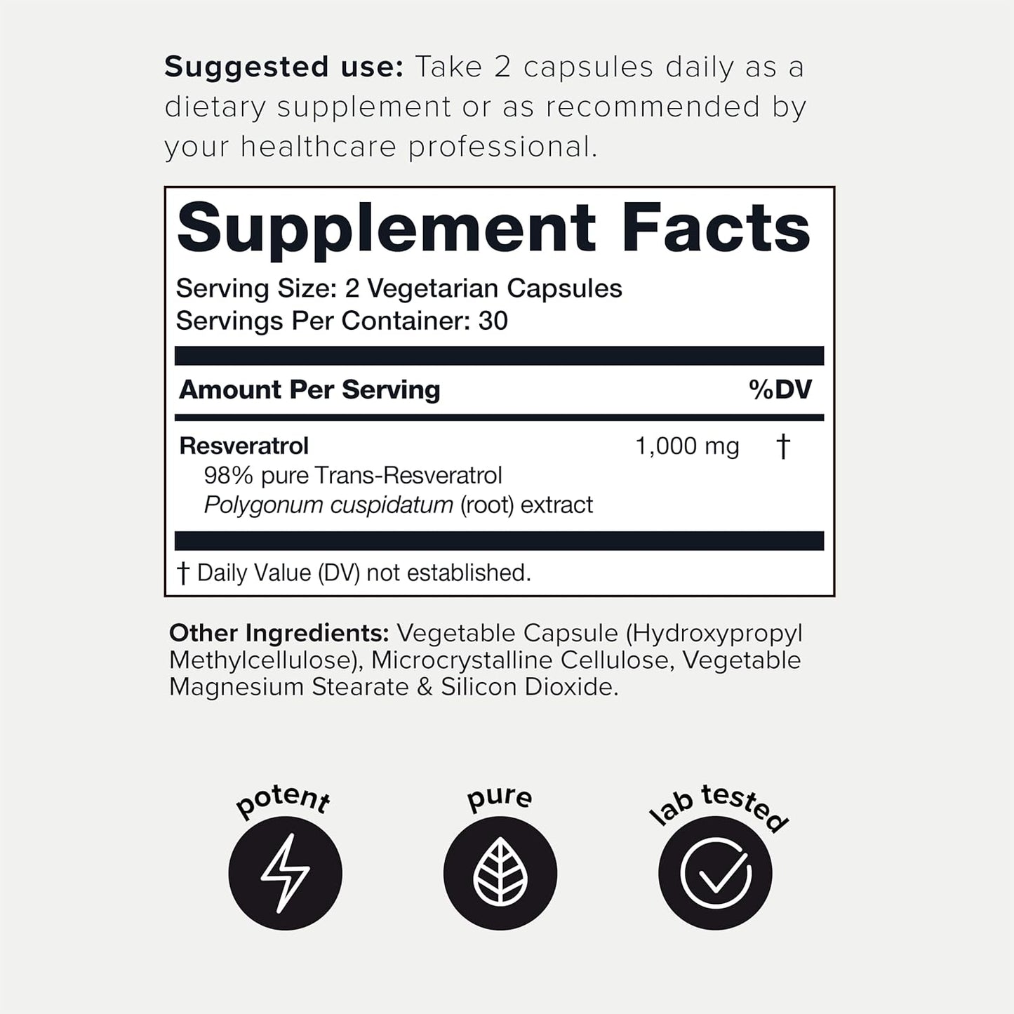 1000mg Trans Resveratrol Capsules - 98% Pure Polygonum Root Extract - Third-Party Tested for Potency - 60 Capsules