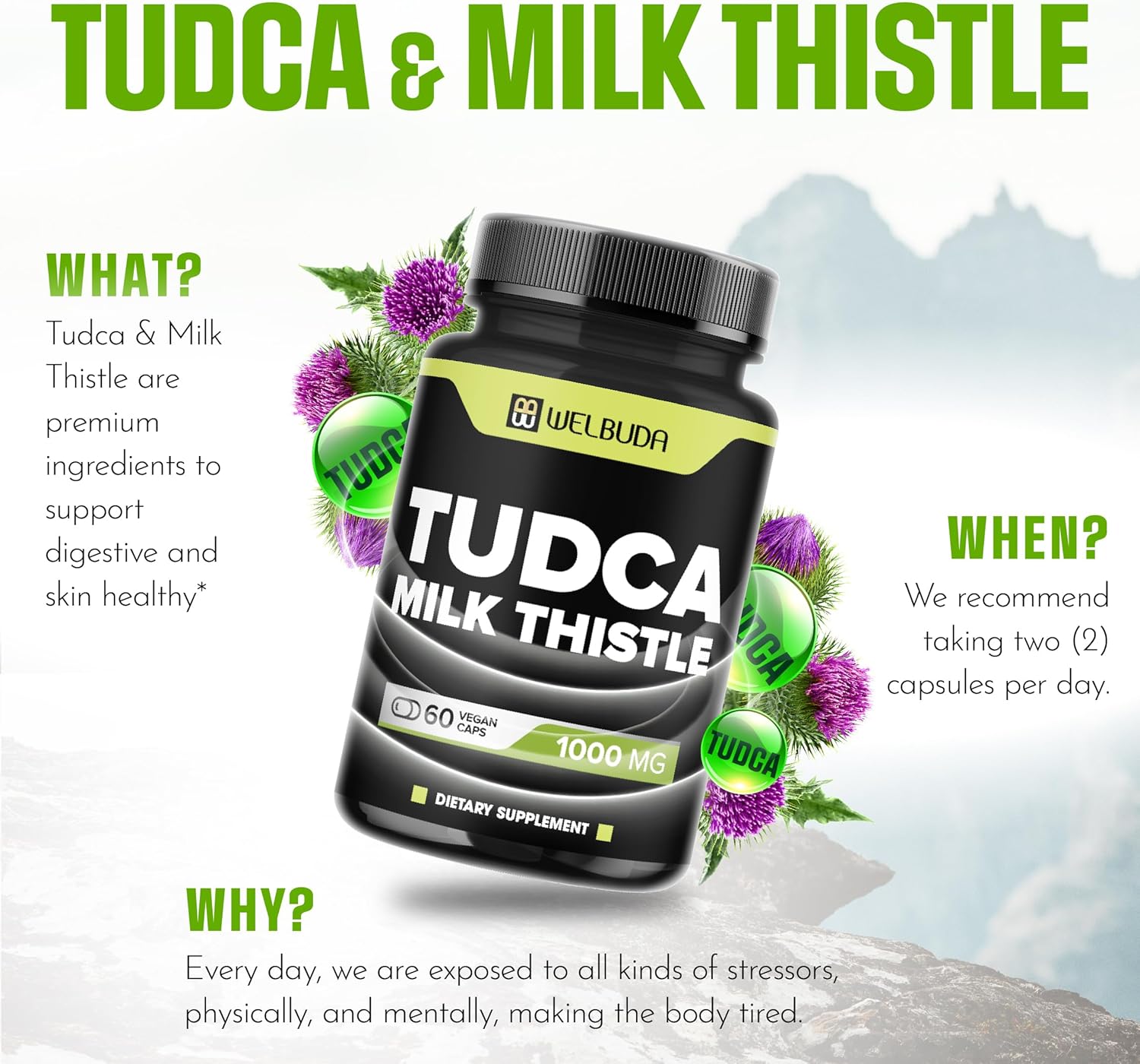 1000mg Tudca Supplement with Milk Thistle Extract - 60 Vegan Capsules for Immune, Digestive, and Brain Health