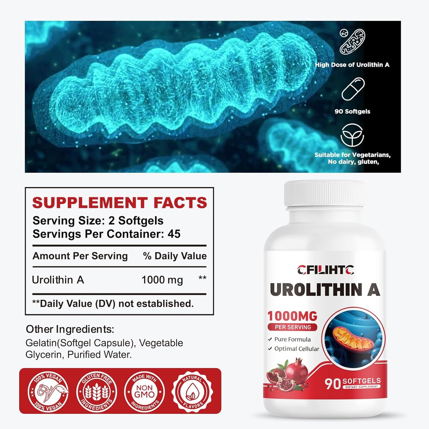 1000mg Urolithin A Supplement - 90 Softgels for Healthy Aging, Energy, Antioxidant Support & Mitochondrial Health