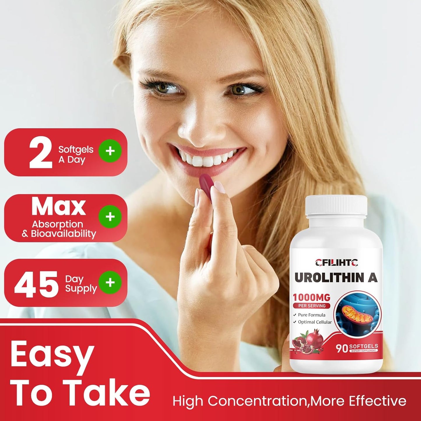 1000mg Urolithin A Supplement - 90 Softgels for Healthy Aging, Energy, Antioxidant Support & Mitochondrial Health