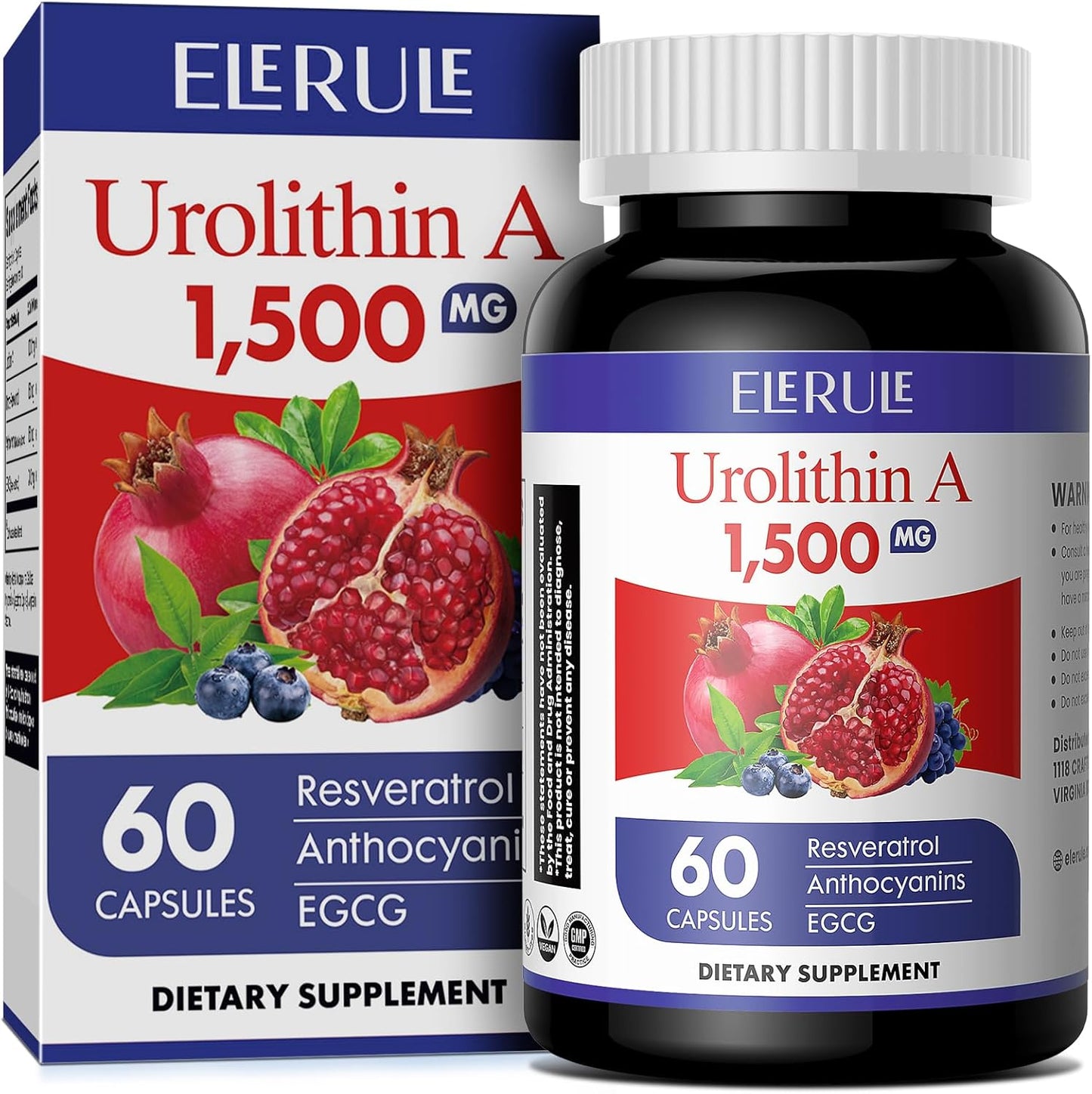 1000mg Urolithin A Supplement with Trans-Resveratrol, Anthocyanins, Green Tea for Healthy Aging - 60 Capsules