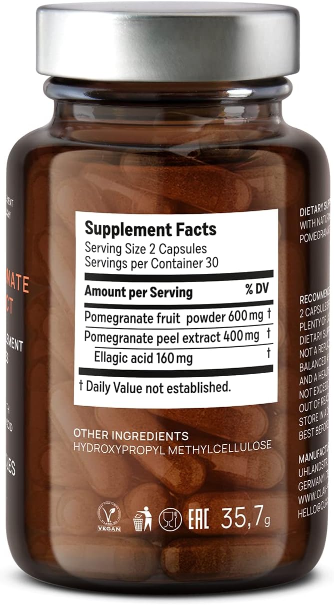 1000mg Vegan Pomegranate Extract Supplement with 40% Ellagic Acid for Heart & Joint Support - 60 Capsules from Germany