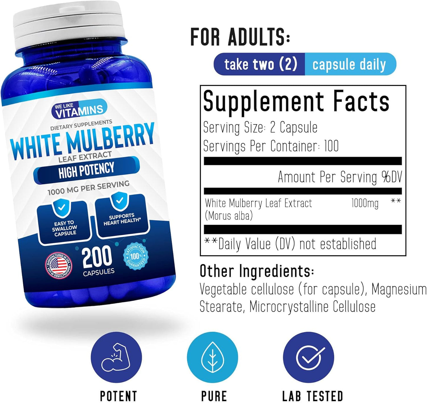 1000mg White Mulberry Leaf Extract Capsules - 200 Vegan Capsules by We Like Vitamins