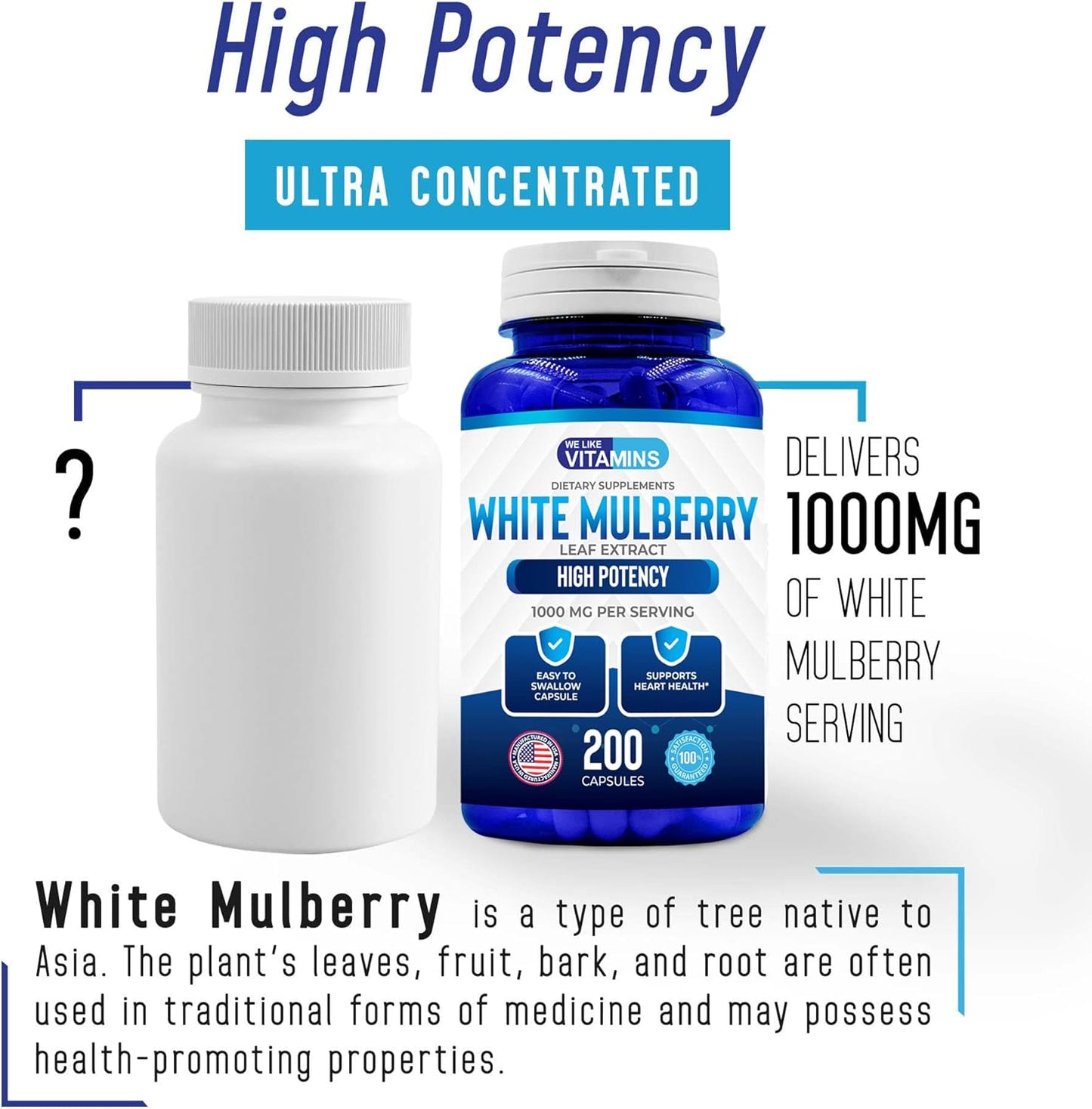 1000mg White Mulberry Leaf Extract Capsules - 200 Vegan Capsules by We Like Vitamins