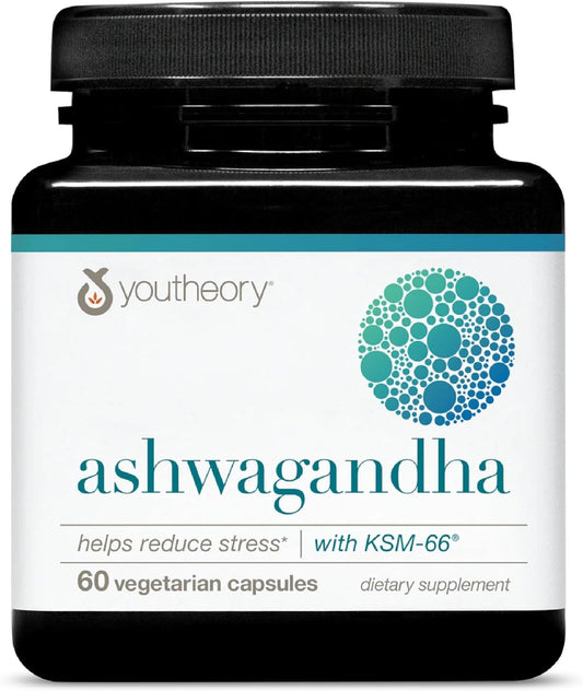 1,000mg Youtheory Ashwagandha Supplement - Stress & Cortisol Support - 60 Veg Caps - Gluten, Dairy, Soy Free