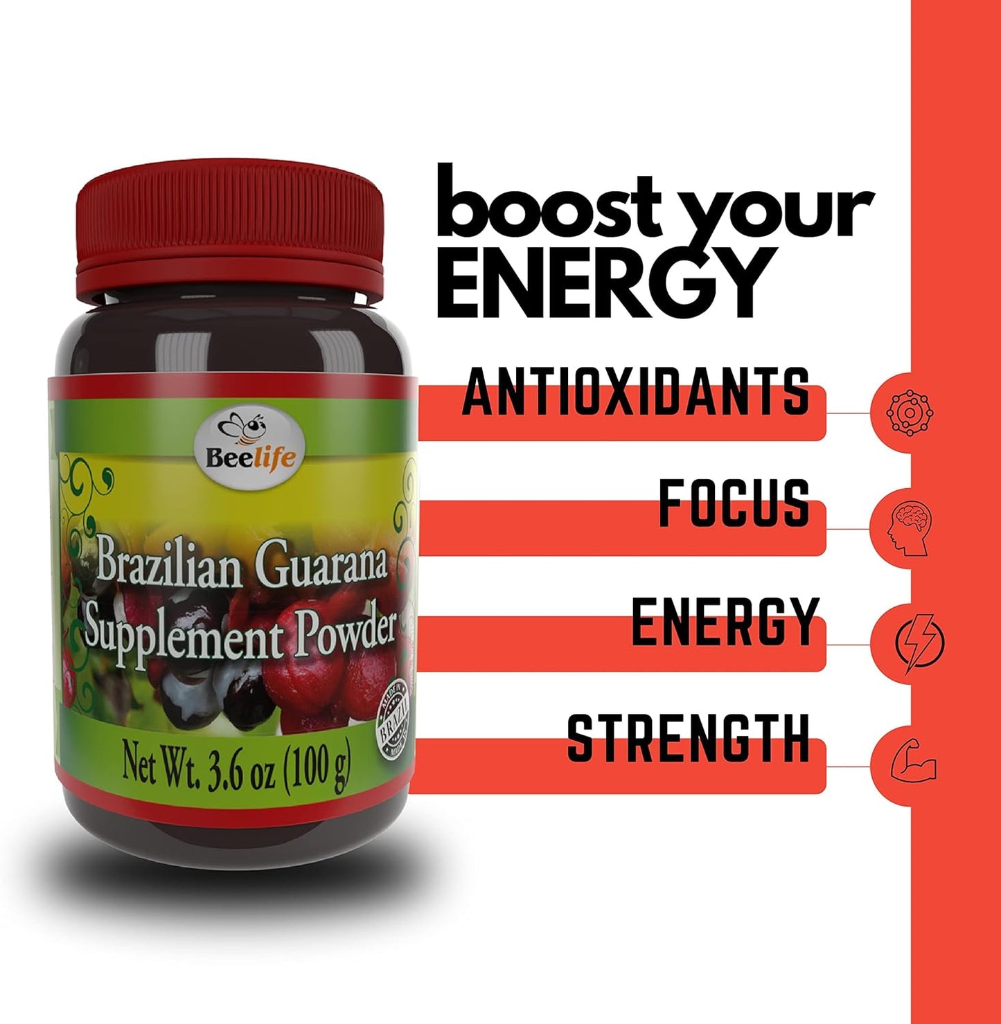 100g Beelife Brazilian Guarana Powder: Natural Caffeine Supplement for Energy, Focus, Muscle Strength - Gluten-Free Vegan Pre Workout