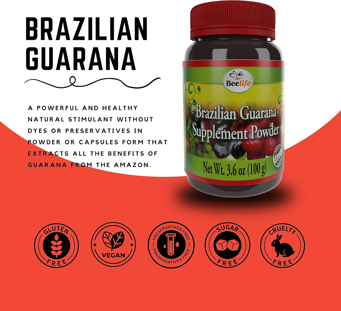 100g Beelife Brazilian Guarana Powder: Natural Caffeine Supplement for Energy, Focus, Muscle Strength - Gluten-Free Vegan Pre Workout