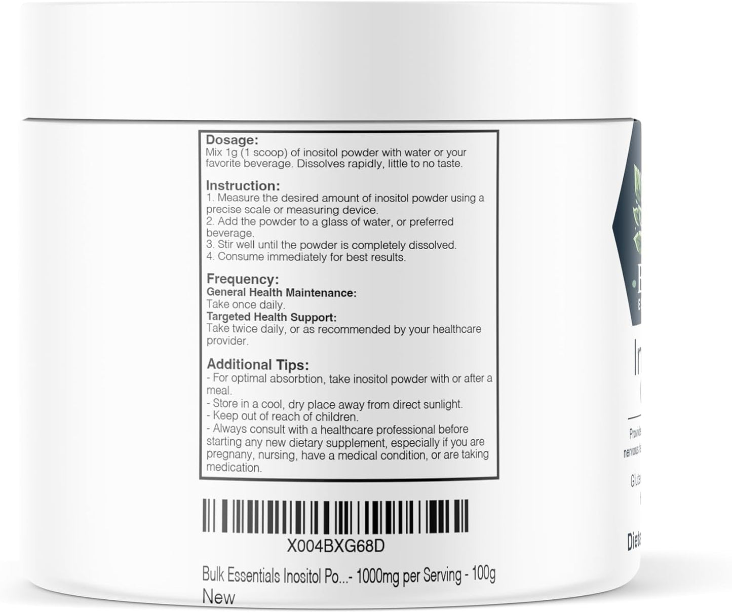 100g Bulk Inositol Powder Supplement - Unflavored & Gluten Free - 1000mg per Serving - Vitamin B8 Powder - Myoinositol - Essential