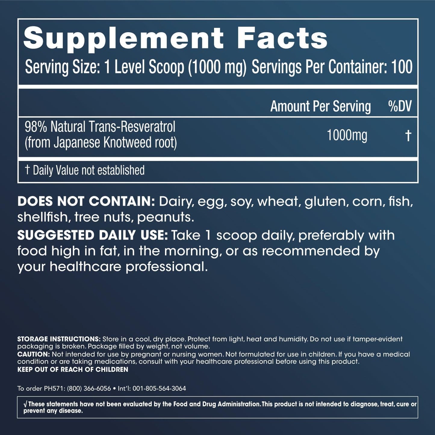 100g Bulk Trans Resveratrol Powder - Pure Pharmaceutical Grade, 1000mg per Scoop - Superior Absorption