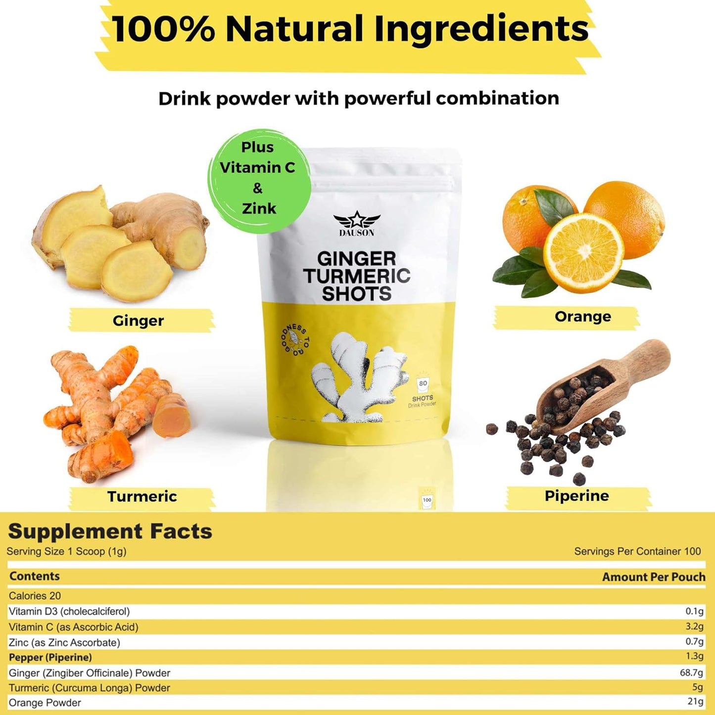 100g DAUSON Turmeric Ginger Powder with Orange for Joint, Gut, Keto & Immune Support - Curcumin, Vitamin C, D, Zinc Boost