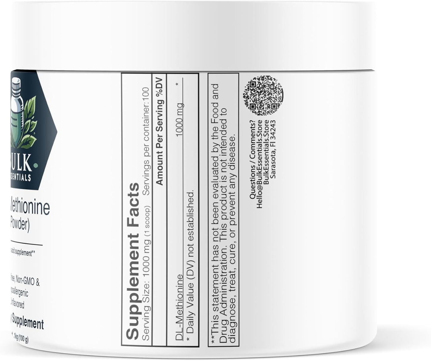 100g DL-Methionine Powder Supplement - Amino Acids & Choline - 1000mg per Serving