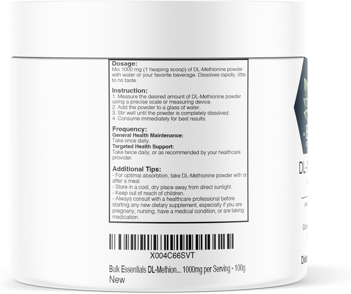 100g DL-Methionine Powder Supplement - Amino Acids & Choline - 1000mg per Serving