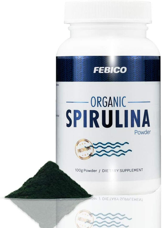 100g FEBICO Premium Organic Spirulina Powder: Vegan, Enriched with Vitamin B12, Phycocyanin, Energy Boost - Non-GMO, Gluten Free, USDA Certified
