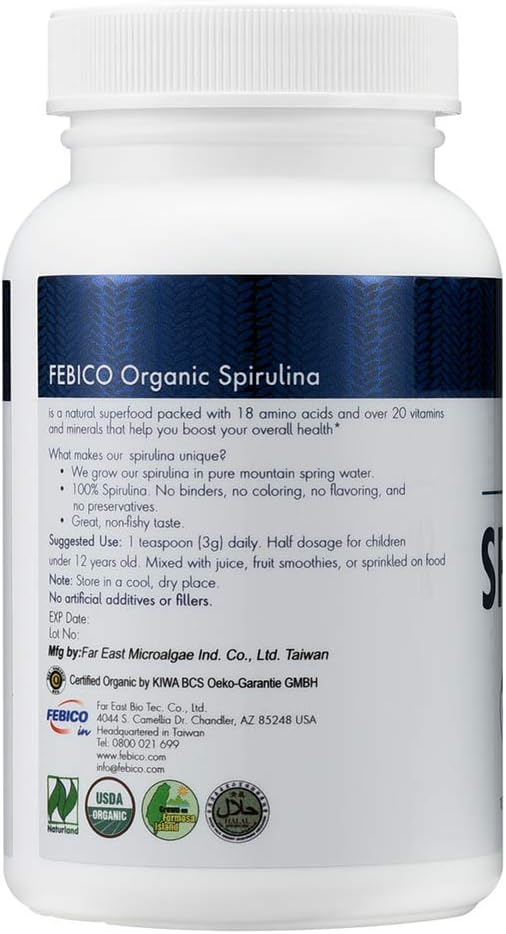 100g FEBICO Premium Organic Spirulina Powder: Vegan, Enriched with Vitamin B12, Phycocyanin, Energy Boost - Non-GMO, Gluten Free, USDA Certified