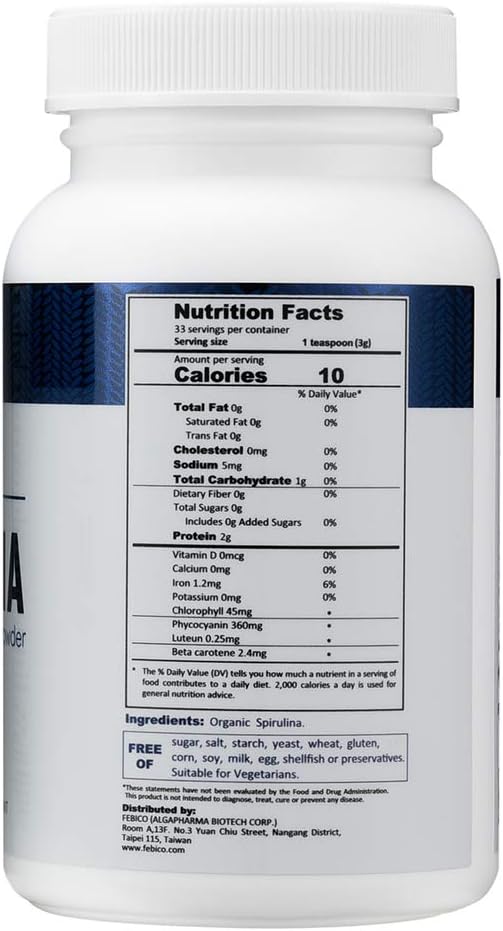 100g FEBICO Premium Organic Spirulina Powder: Vegan, Enriched with Vitamin B12, Phycocyanin, Energy Boost - Non-GMO, Gluten Free, USDA Certified