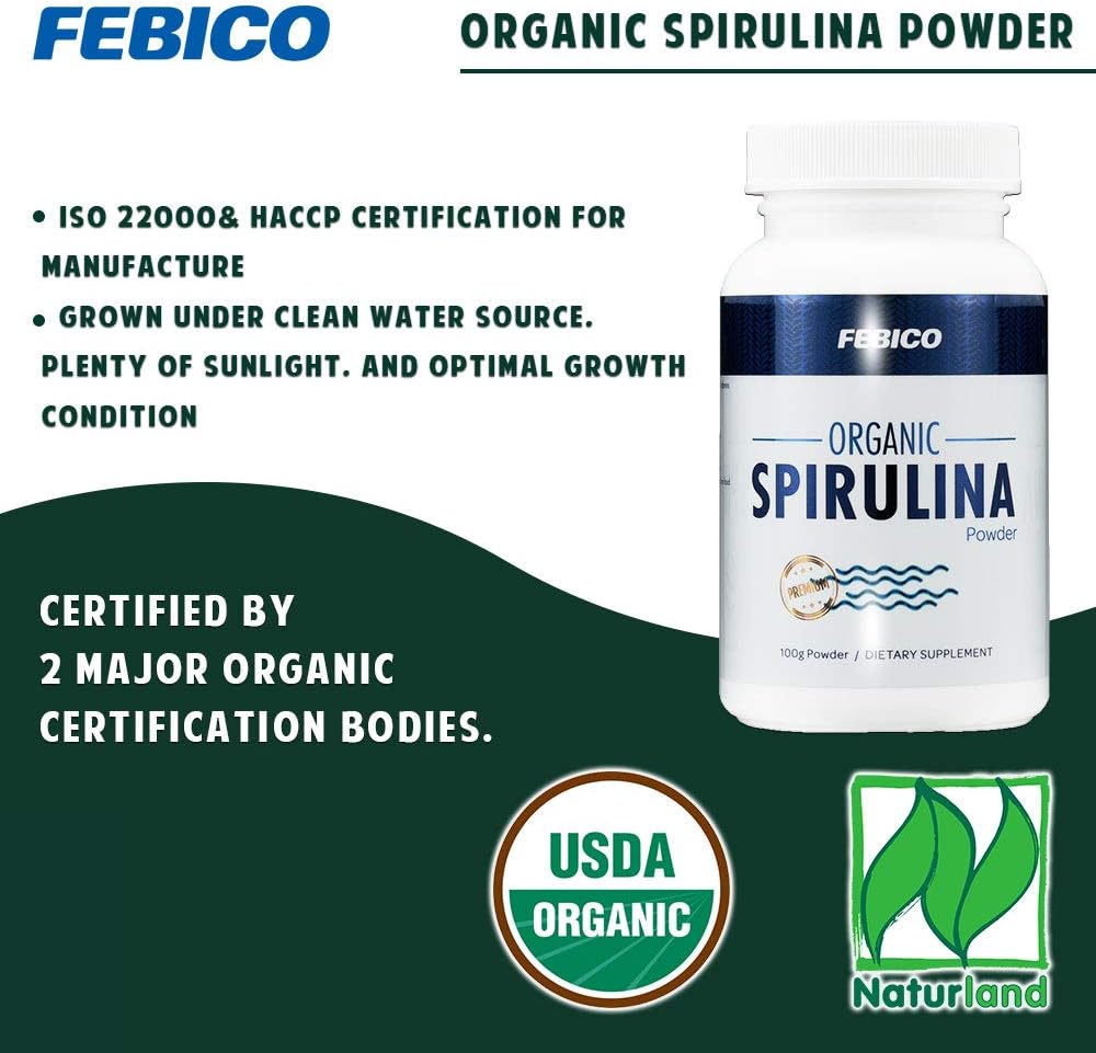100g FEBICO Premium Organic Spirulina Powder: Vegan, Enriched with Vitamin B12, Phycocyanin, Energy Boost - Non-GMO, Gluten Free, USDA Certified
