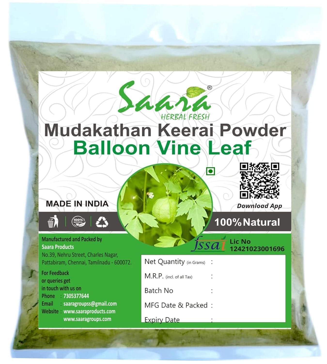 100g Herbal Fresh Mudakathan Keerai Powder - Balloon Vine Leaf, Kanphata, Budda Kakara, Agniballi, Jyotishmati Leaf Powder Pack