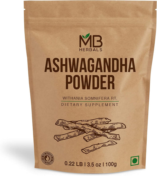 100g MB Herbals Ashwagandha Powder - Lab Tested Indian Ginseng Root Powder - No Preservatives - Withania somnifera