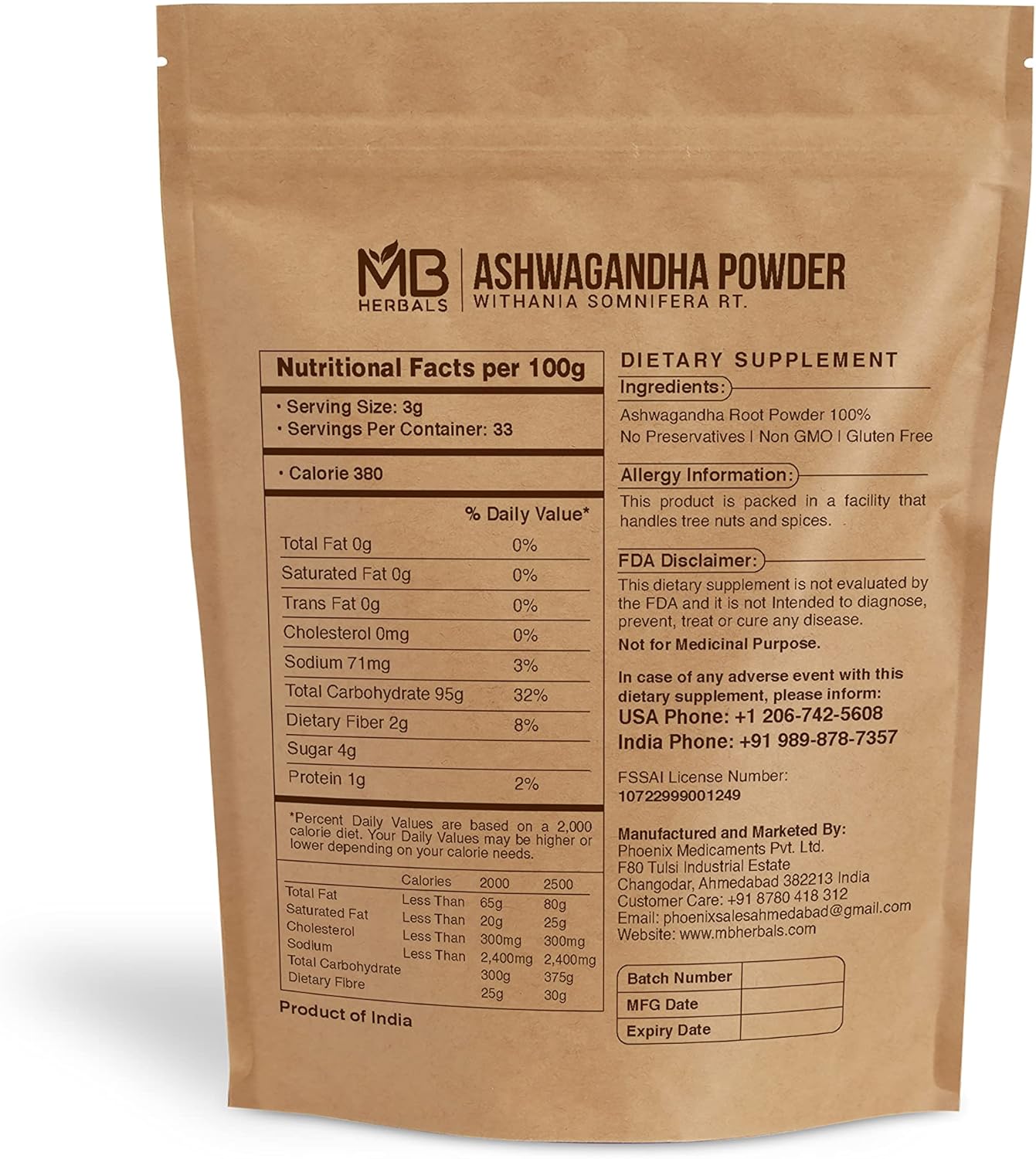 100g MB Herbals Ashwagandha Powder - Lab Tested Indian Ginseng Root Powder - No Preservatives - Withania somnifera