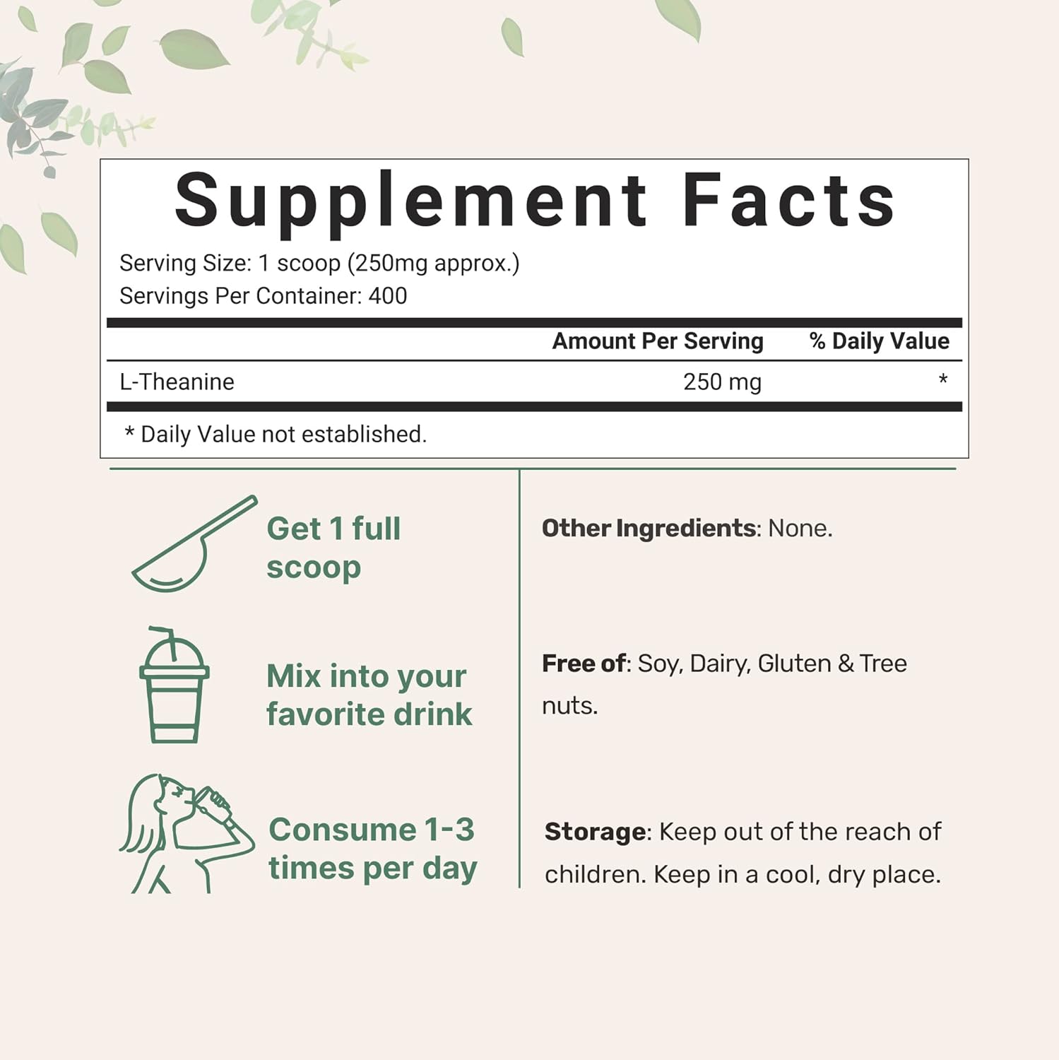 100g Micro Ingredients Pure L-Theanine Powder - Non-GMO, Vegan Friendly, Filler Free - 1 Year Supply