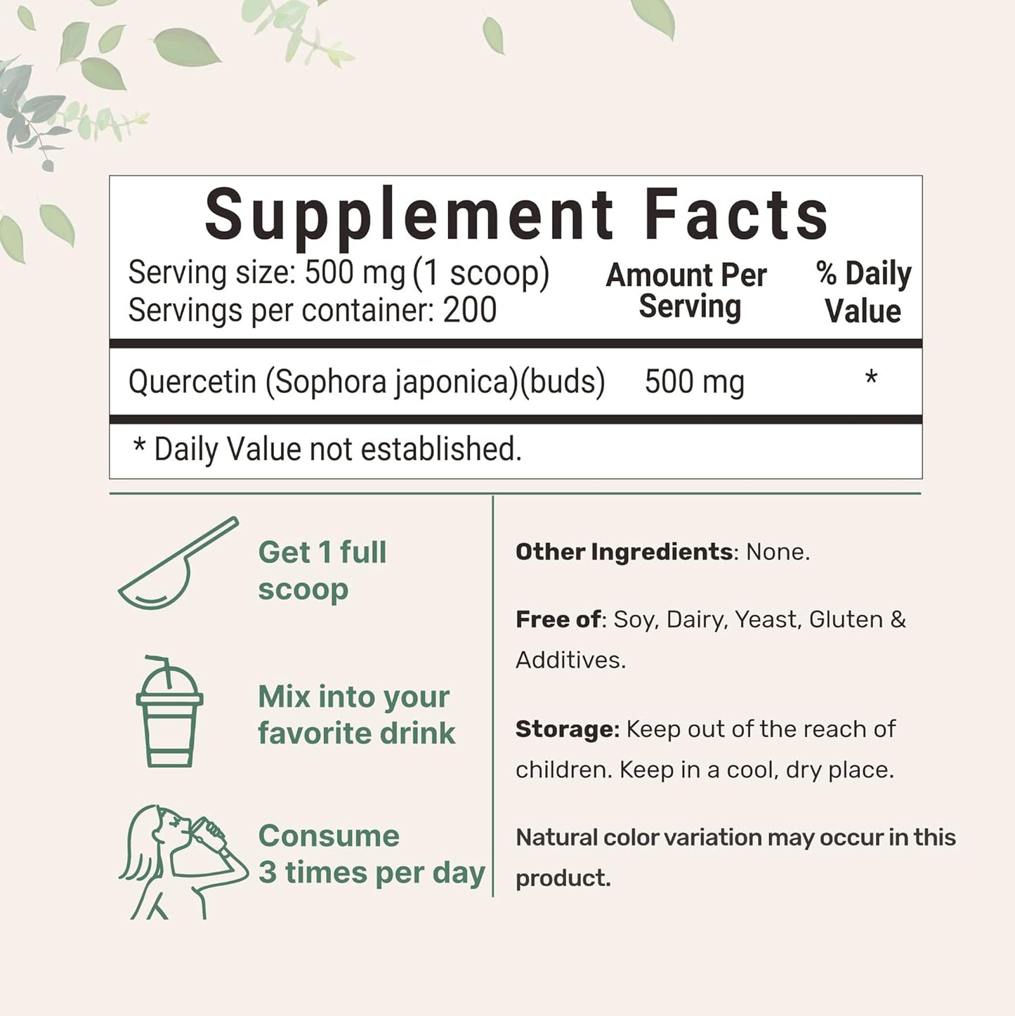 100g Micro Ingredients Quercetin Dihydrate Powder - 500mg Per Serving, High Bioavailability, Antioxidant for Energy & Immune Support, GMO-Free, Vegan