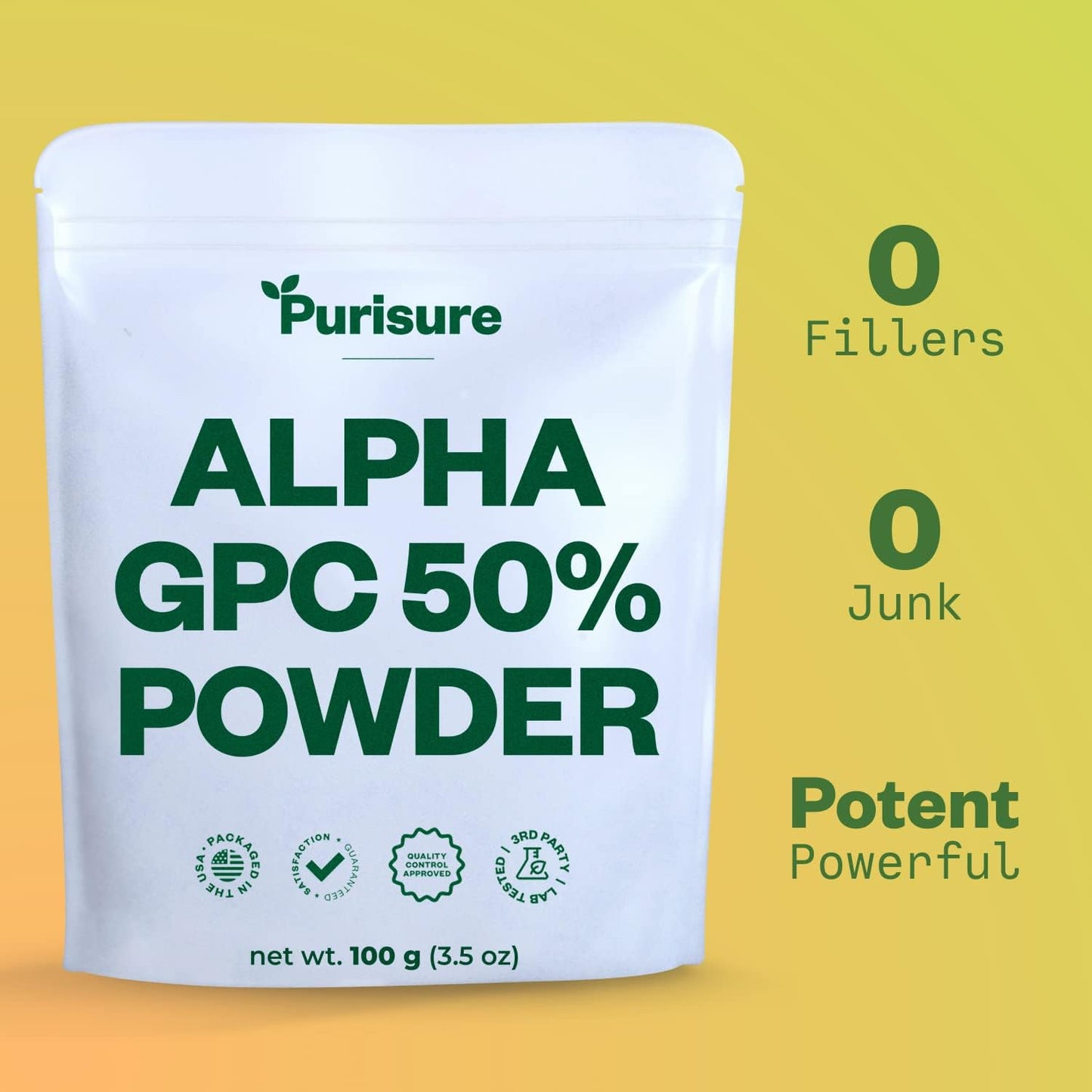 100g Purisure Alpha GPC 50% Powder: Pure Choline Supplement for Brain, Memory, Focus - Non-GMO, No Fillers - 167 Servings