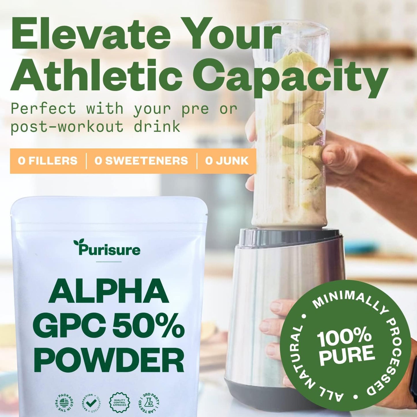 100g Purisure Alpha GPC 50% Powder: Pure Choline Supplement for Brain, Memory, Focus - Non-GMO, No Fillers - 167 Servings