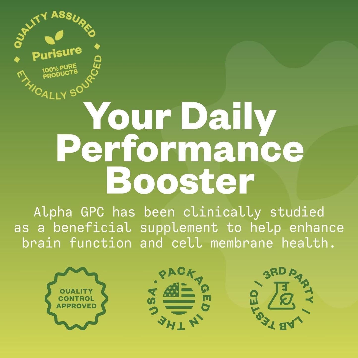 100g Purisure Alpha GPC 50% Powder: Pure Choline Supplement for Brain, Memory, Focus - Non-GMO, No Fillers - 167 Servings