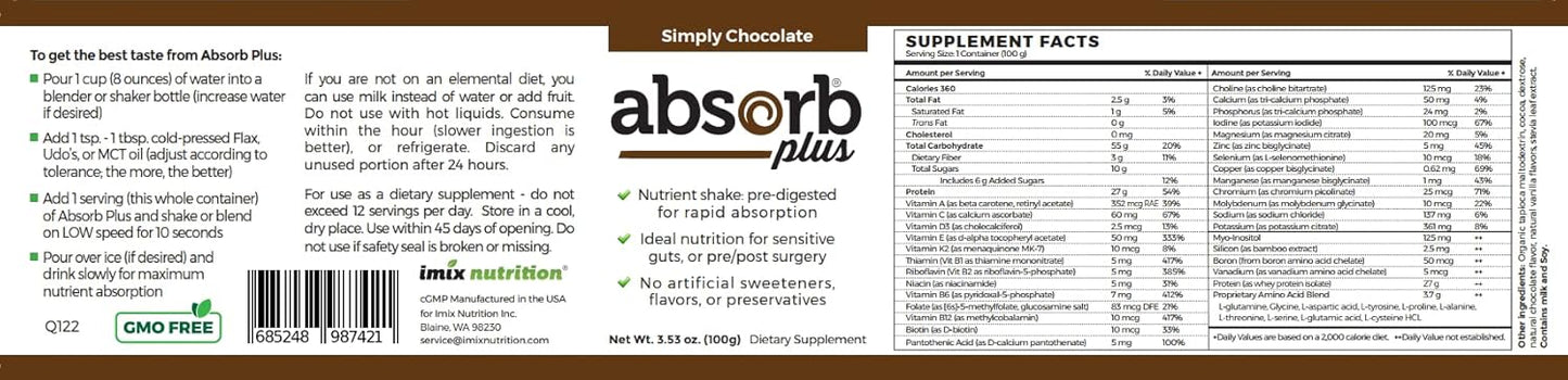 100g Simply Chocolate Absorb Plus Isolate Protein: Diet Supplement for Gut Health, Nutritional Support - Non-GMO, Gluten-Free, Lactose-Free, Casein-Free