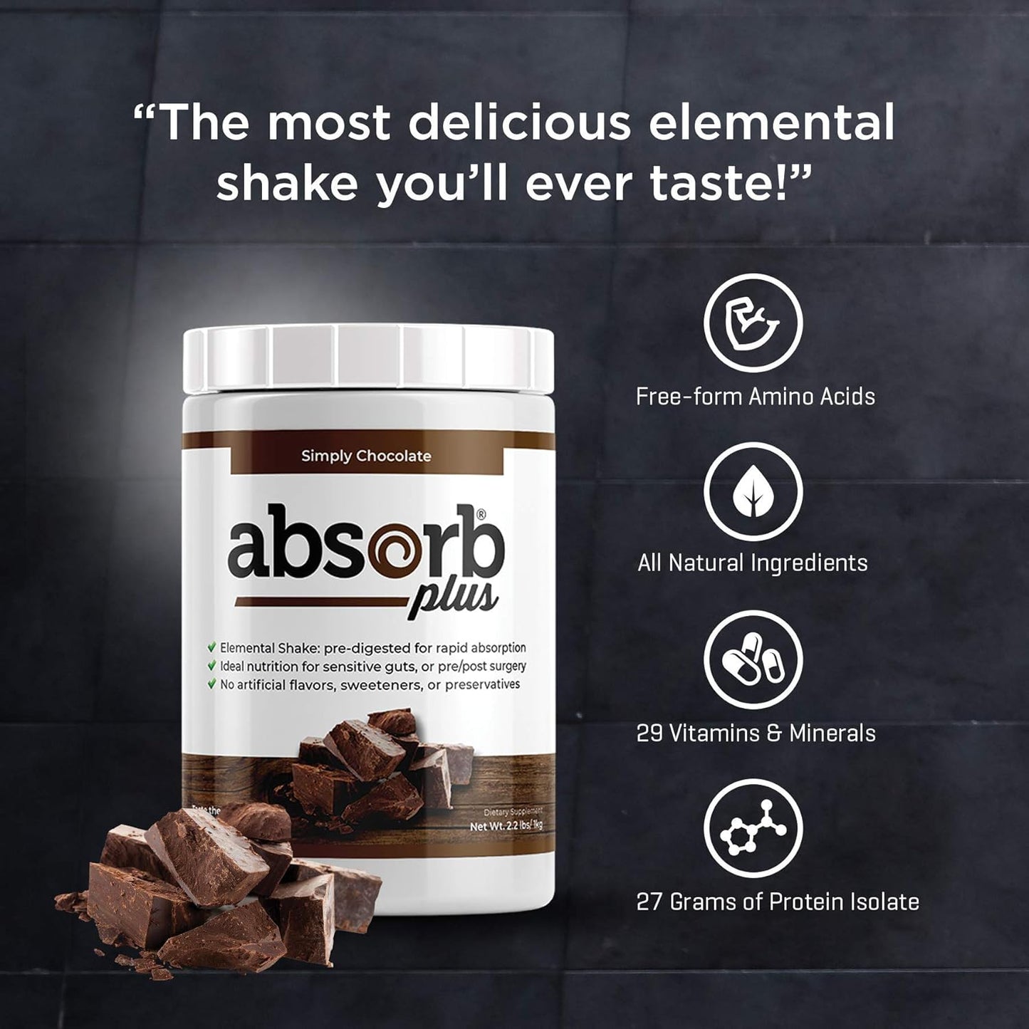 100g Simply Chocolate Absorb Plus Isolate Protein: Diet Supplement for Gut Health, Nutritional Support - Non-GMO, Gluten-Free, Lactose-Free, Casein-Free