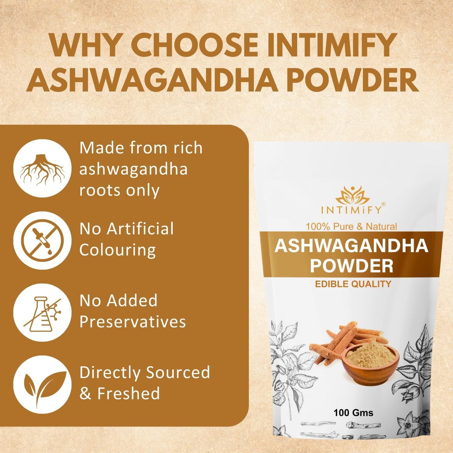 100gm Pure Ashwagandha Powder for Face Pack, Weight Gain, Height Support | Natural & Organic | Men and Women