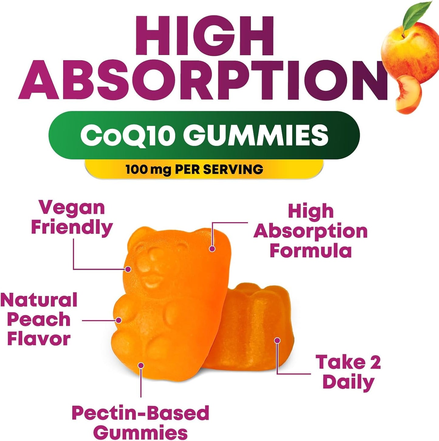 100mg CoQ10 Gummies for Heart Health & Energy, High Absorption Coenzyme Q10 Vitamins - 60 Count Non-GMO Dietary Supplement