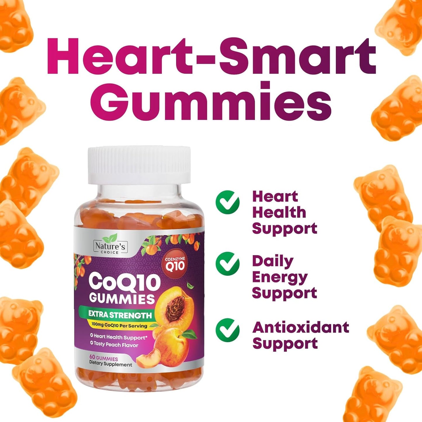 100mg CoQ10 Gummies for Heart Health & Energy, High Absorption Coenzyme Q10 Vitamins - 60 Count Non-GMO Dietary Supplement