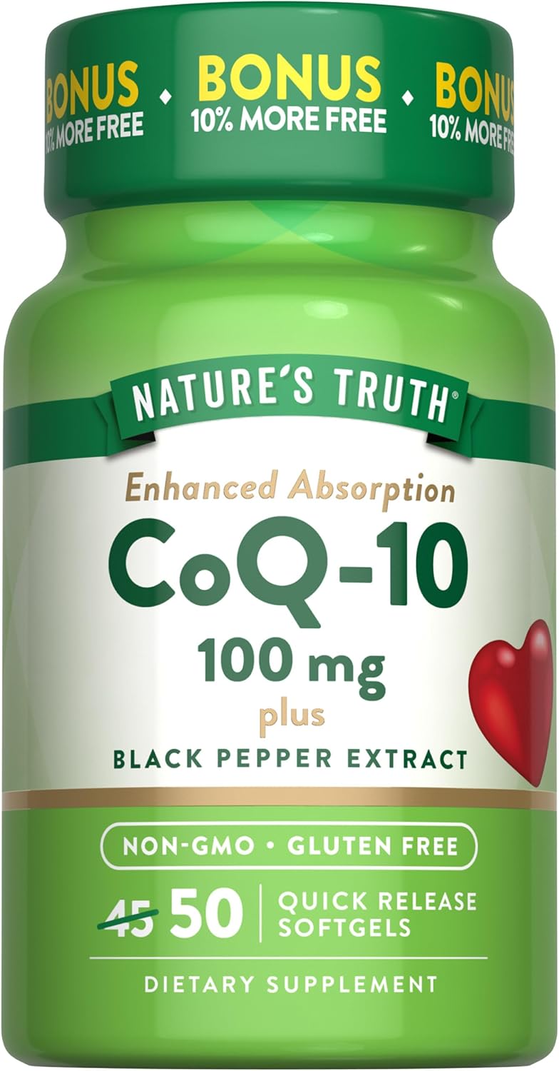 100mg CoQ10 Softgels with Black Pepper Extract | 50 Count | Non-GMO & Gluten Free Formula by Nature's Truth