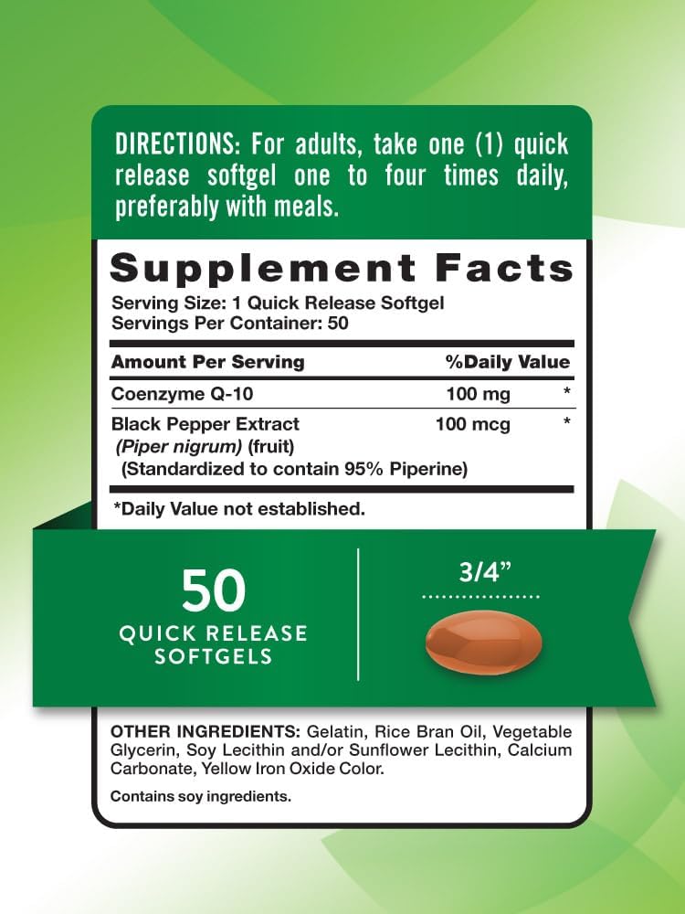 100mg CoQ10 Softgels with Black Pepper Extract | 50 Count | Non-GMO & Gluten Free Formula by Nature's Truth