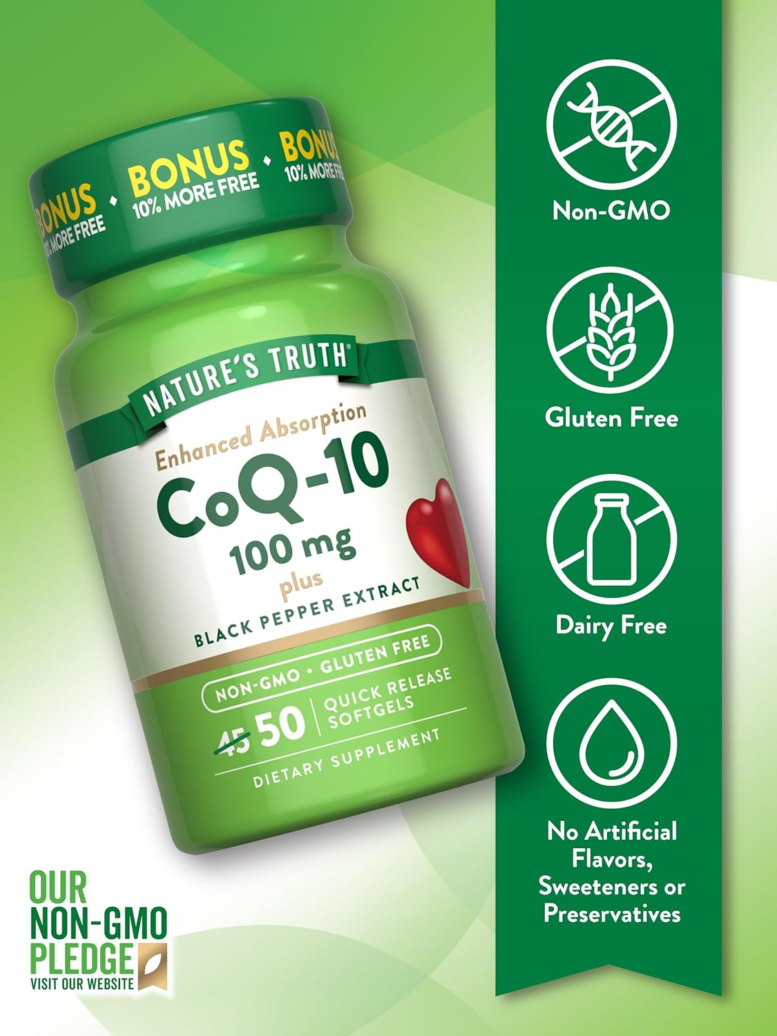100mg CoQ10 Softgels with Black Pepper Extract | 50 Count | Non-GMO & Gluten Free Formula by Nature's Truth