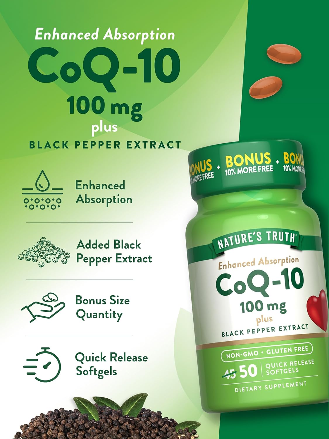 100mg CoQ10 Softgels with Black Pepper Extract | 50 Count | Non-GMO & Gluten Free Formula by Nature's Truth